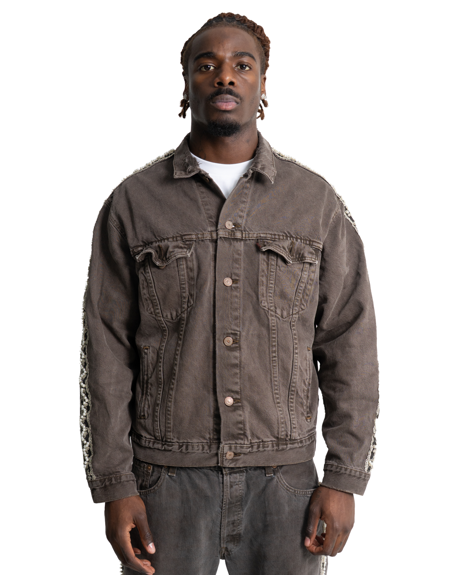 Pearlstrip Denim Trucker Jacket Brown