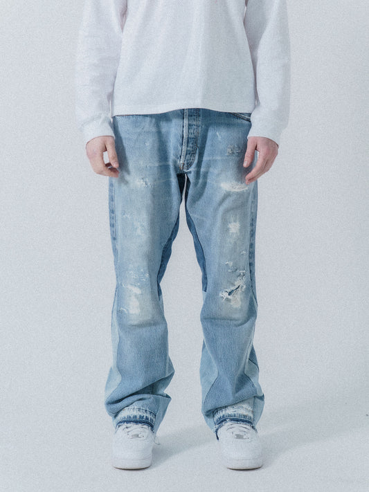 Blue Distressed Flare Denim