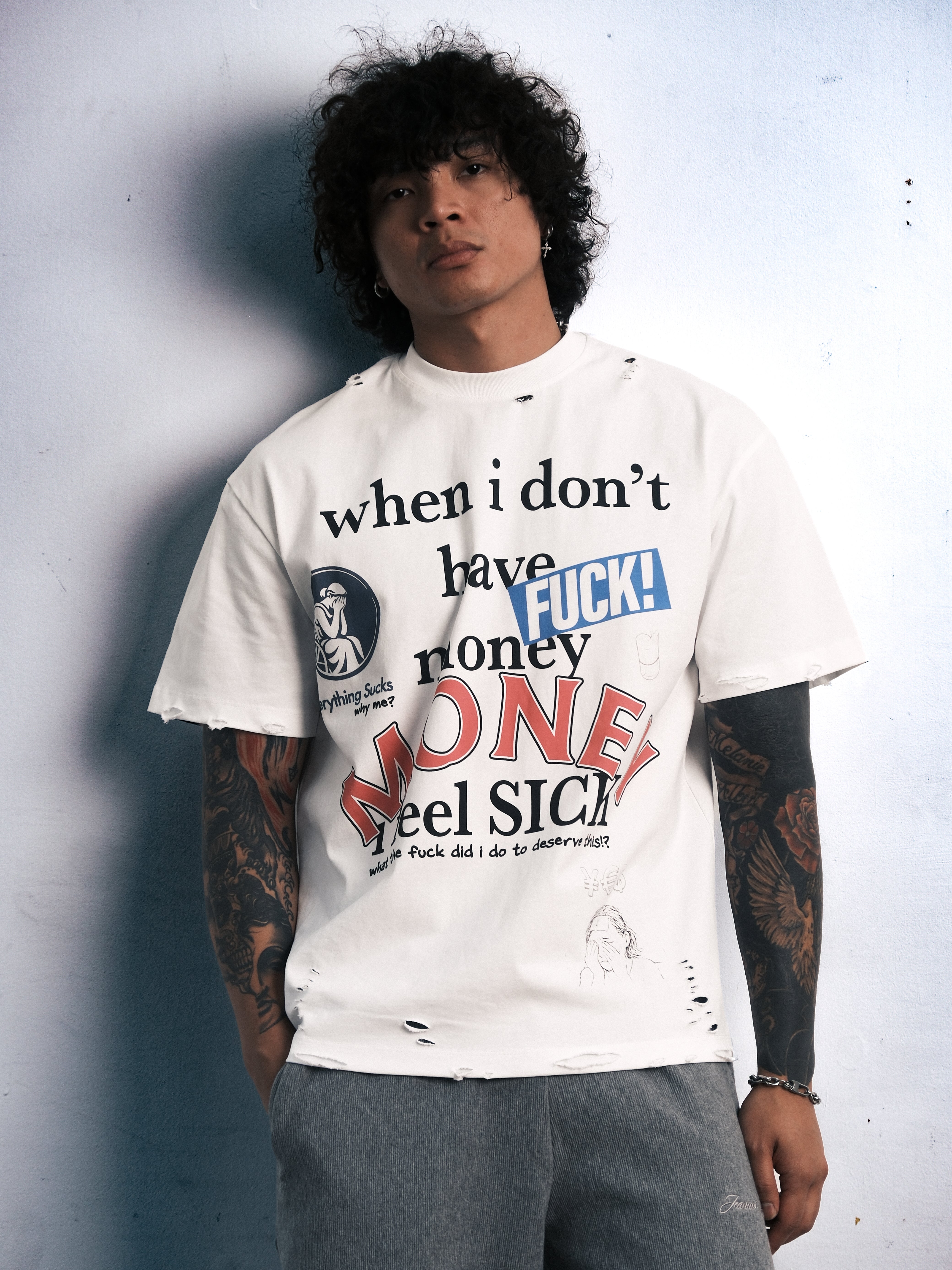 When I Don't Have Money I Feel Sick T Shirt White Distressed-thumbmail-2