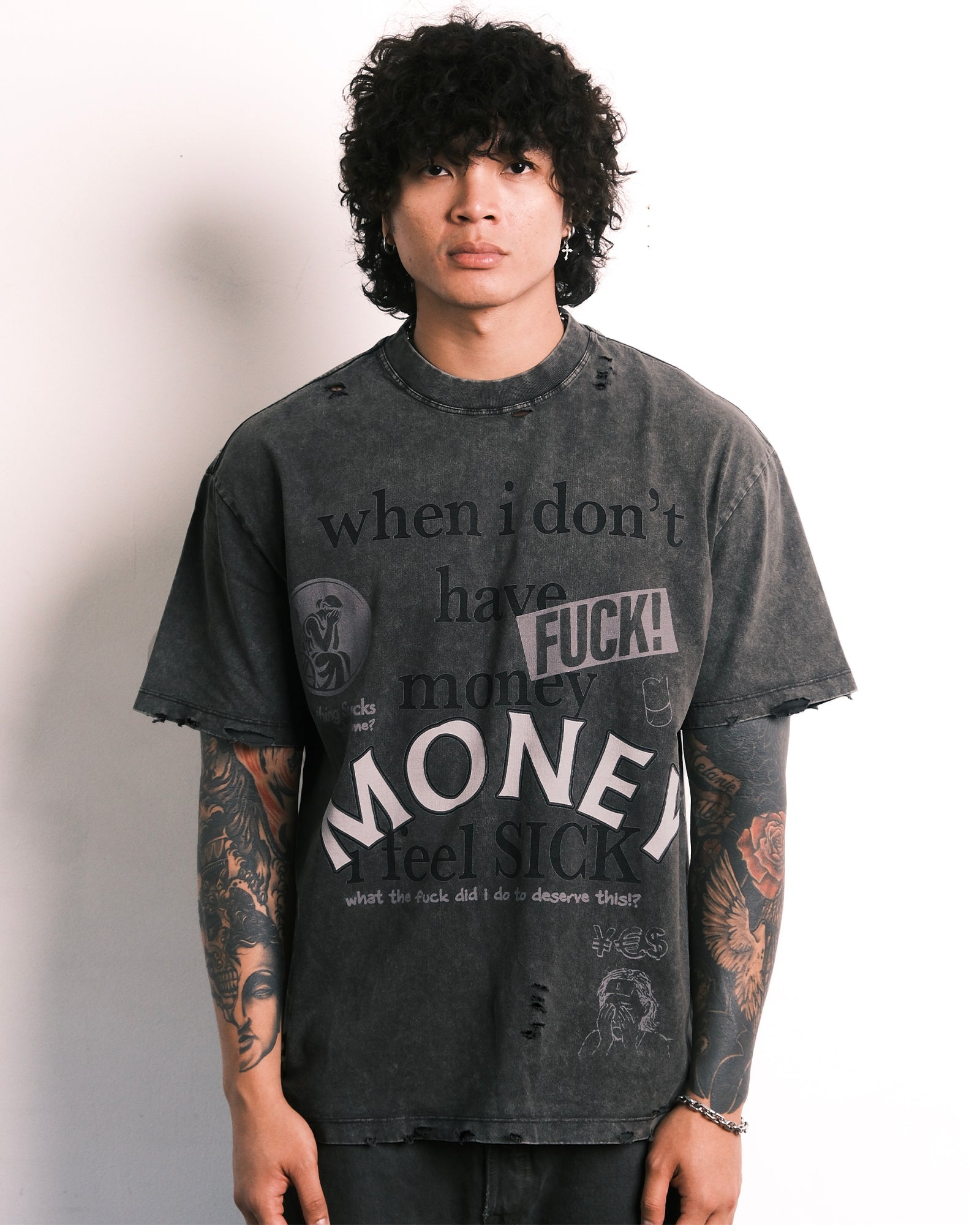 When I Don't Have Money I Feel Sick T Shirt Washed Black Distressed-thumbmail-2
